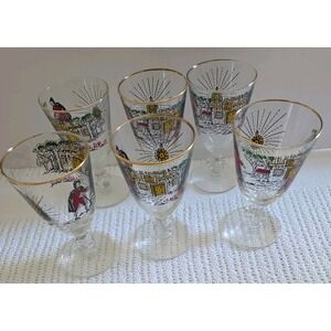 VTG Libbey Treasure Island Stemmed Cordial Glasses Pirates Gold Trim Set of 6